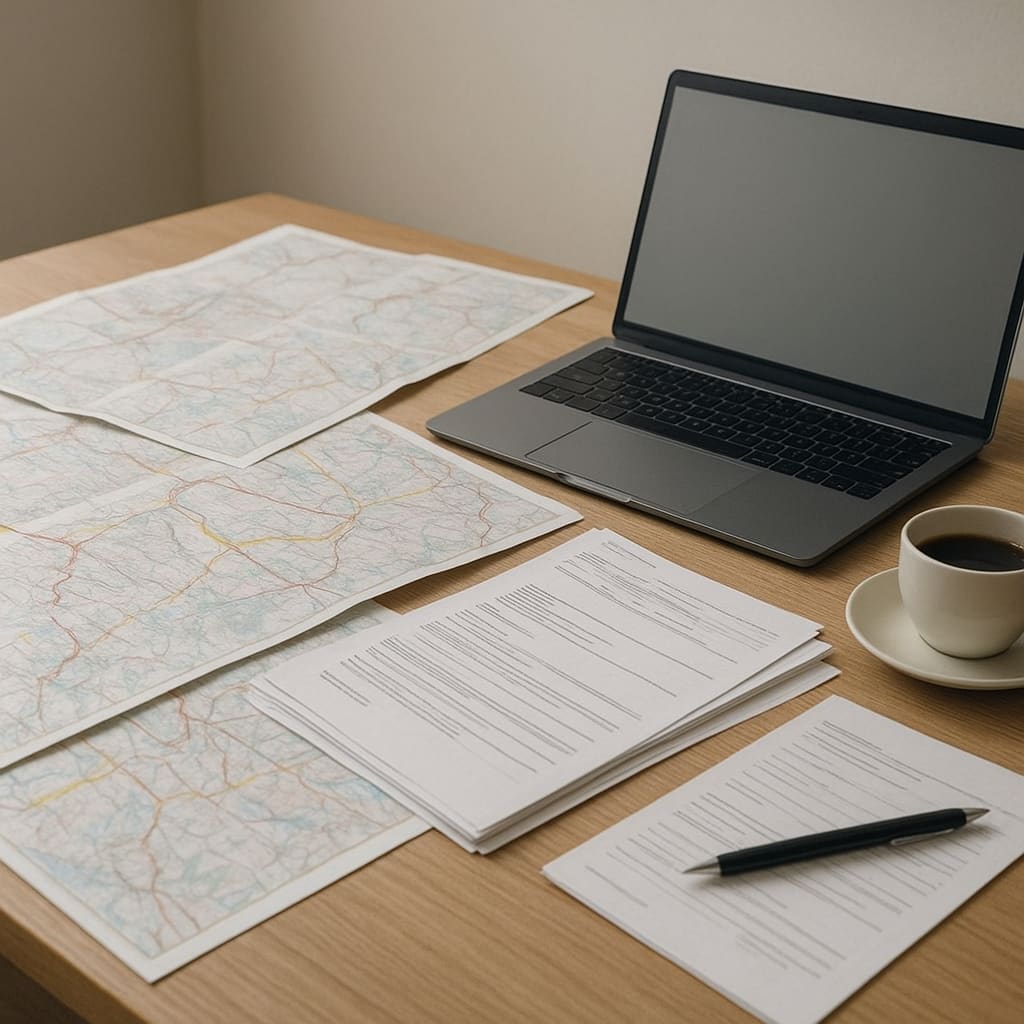 Arbeitsplatz mit Karten, Laptop und Reiseunterlagen für die Routenplanung